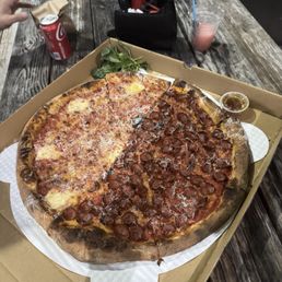 Half pepperoni Half margherita hot honey and a side of fresh basil