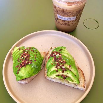 Communal - Avocado Toast topped with an excessive amount of chili flakes :(  + Golden Coast iced latte - Cafes Near Me - San Diego, California