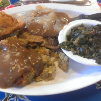 Southern Kitchen - SK's chicken fried steak with onions, gravy, cornbread dressing, collard greens, and a fried chicken thigh - Southern Near Me - Tacoma, Washington Southern Kitchen - SK's chicken fried steak with onions, gravy, cornbread dressing, collard greens, and a fried chicken thigh - Southern Near Me - Tacoma, Washington