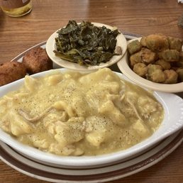 Chicken & Dumplings, hush puppies, collard greens, fried okra Chicken & Dumplings, hush puppies, collard greens, fried okra