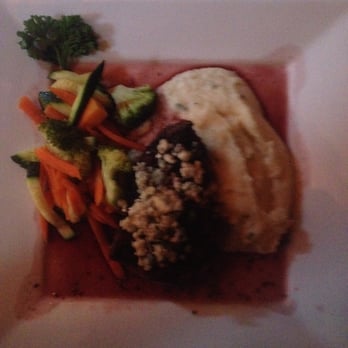The Sow's Ear - Coffee Crusted American Kobe Top Serloin, with blue cheese crumbles. Super tender, perfectly cooked, and an awesome sauce - Cafes Near Me - Cambria, California