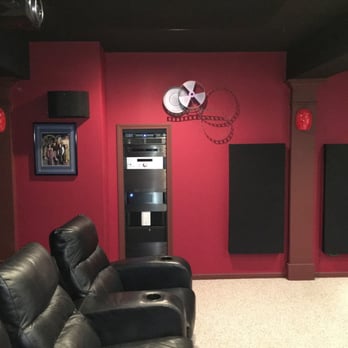 AJ Audio Visual - Side view; featuring Surround Speakers by B&W, OPPO Blu-ray player, Rotel Processor, Rotel Applifiers, and a view of acoustic panels. - Home Theatre Installation Near Me - Plainfield, Illinois