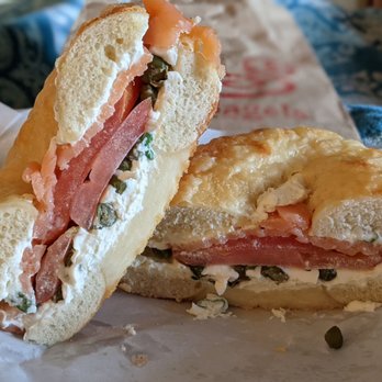 Rich's Bagels - Asiago bagel with Scallion Herb Cream Cheese, Capers, sliced Tomato, and Lox. - Bagels Near Me - Holladay, Utah Rich's Bagels - Asiago bagel with Scallion Herb Cream Cheese, Capers, sliced Tomato, and Lox. - Bagels Near Me - Holladay, Utah