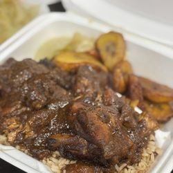 Jerk Sauce - Stew Chicken , Rice and Peas, Plantains, Cabbage