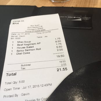 Ryo Sushi - Receipt - Sushi Bars Near Me - Chicago, Illinois Ryo Sushi - Receipt - Sushi Bars Near Me - Chicago, Illinois