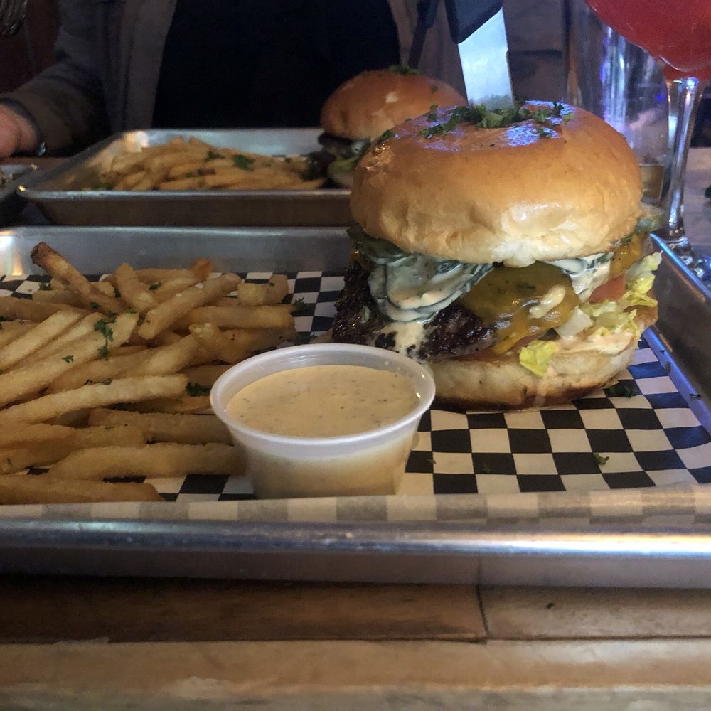 Represa Grill by Chef William Hartzell - Old Folsom burger with bomb sauce in the side - Burgers Near Me - Folsom, California Represa Grill by Chef William Hartzell - Old Folsom burger with bomb sauce in the side - Burgers Near Me - Folsom, California