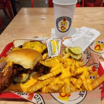 Dave's Hot Chicken - The number 3: slider with cheese, tender with cheese and cheese fries. Also, a fountain drink. - Chicken Shop Near Me - Naperville, Illinois