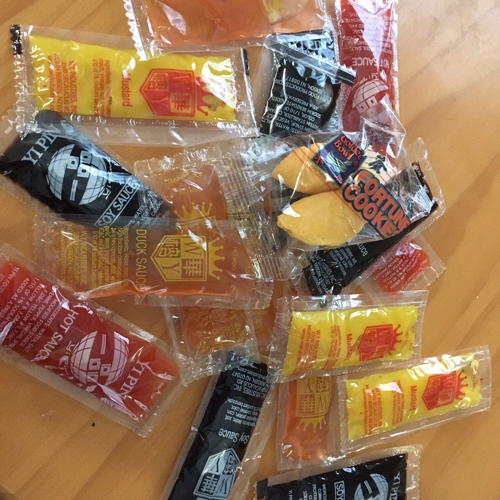 Assortment of sauces accompanied our delivery order Assortment of sauces accompanied our delivery order