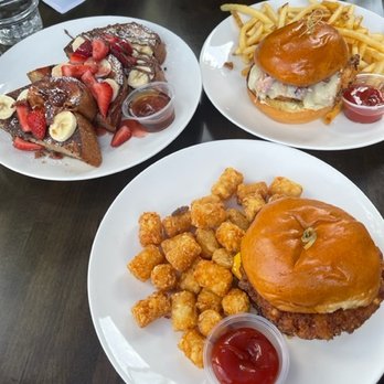 H Cafe - french toast sampler, H Mac, and Fried Chicken Sandwich - Breakfast & Brunch Near Me - Los Angeles, California