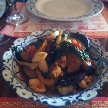 Thai Spices Restaurant - Spicey eggplant with red curry sauce, basil, chicken & calamari. Soooo good - Thai Near Me - Lodi, California
