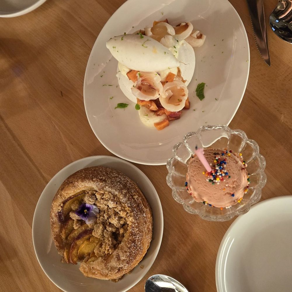 Peach raspberry Danish, rhubarb pavlov