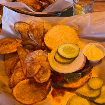 RJ Grunts - Bacon cheddar burger and chips - American Near Me - Chicago, Illinois