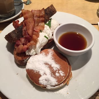 Bakers & Roasters - B&R Special (bacon & poached egg on toast with pancakes & maple syrup) - Breakfast & Brunch Near Me - Amsterdam, New Hampshire