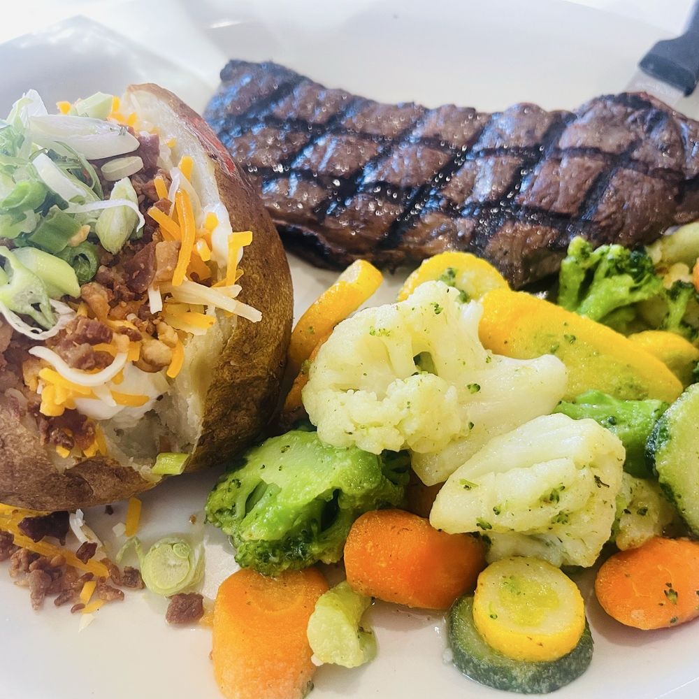 Family BBQ Hickry Pit - Happy Hour Special 6oz NY Steak Medium Cook with fresh veggies and a fully loaded baked potato - Barbeque Near Me - Livermore, California Family BBQ Hickry Pit - Happy Hour Special 6oz NY Steak Medium Cook with fresh veggies and a fully loaded baked potato - Barbeque Near Me - Livermore, California