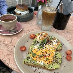 Mary's Coffee Club - Avocado toast with halloumi and breakfast burger.