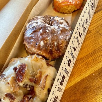 Parlor Doughnuts - Maple bacon, blueberry hill, and Keto one with strawberry shortcake glaze bc my friend is healthy. - Donuts Near Me - Denver, Colorado Parlor Doughnuts - Maple bacon, blueberry hill, and Keto one with strawberry shortcake glaze bc my friend is healthy. - Donuts Near Me - Denver, Colorado