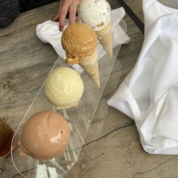 Bottega Italia - 4 gelato cone sampler: scartecca--I have no idea if spelled right sorry, pistachio, butter salted caramel and barcio. - Pizza Near Me - Temecula, California