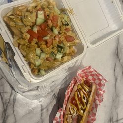 Sol Naciente Grill - Loaded fries and a hotdog (with everything). So good!