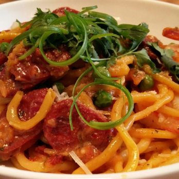 Grassa - Saffron bucatini with shrimp and chorizo - Italian Near Me - Portland, Oregon