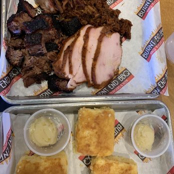 Burnt End BBQ - Platter? We had a lil of everything! Loved the cornbread and butter!! - Barbeque Near Me - De Soto, Kansas