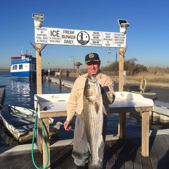 Captree Fuel Bait And Tackle - Customer showing off his bass in front of our new Fillet Table for Customer Use. - Hunting & Fishing Supplies Near Me - Babylon, New York