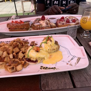 Breakfast Republic - Crab & crawfish benedict, home fries, French toast trio sampler, fresh squeezed OJ & horchata cold brew cocktail with caramel syrup. - Breakfast & Brunch Near Me - San Diego, California