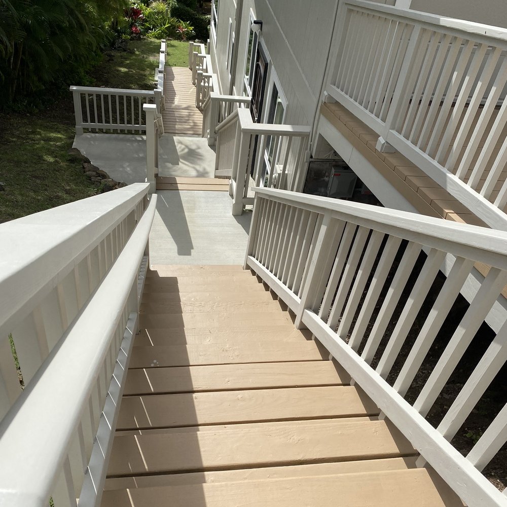Lots of steps down the hillside by our house. Nice handrails and pickets. Lots of steps down the hillside by our house. Nice handrails and pickets.