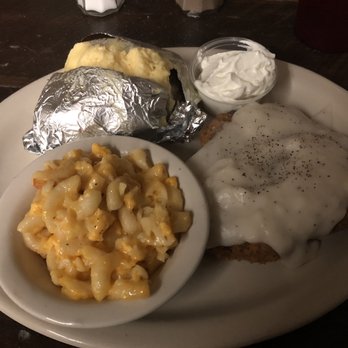 TJ's Pit Stop - Country fried steak with mac n cheese and a baked potato - American Near Me - Charles Town, West Virginia TJ's Pit Stop - Country fried steak with mac n cheese and a baked potato - American Near Me - Charles Town, West Virginia