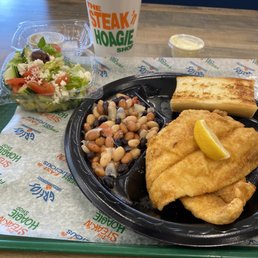 2 piece flounder plate with Grecian Beans, Greek salad and garlic toast.