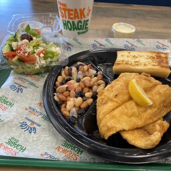 Steak 'n Hoagie Shop - 2 piece flounder plate with Grecian Beans, Greek salad and garlic toast. - Sandwiches Near Me - Matthews, North Carolina