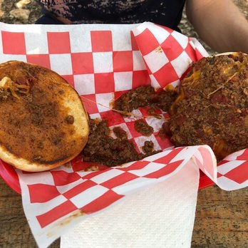 Patty Wagon - Letting it cool off.  Dry hot, cheese melted and most of the chili under the bun. Once cooked, reassembled. - Food Trucks Near Me - San Marcos, Texas