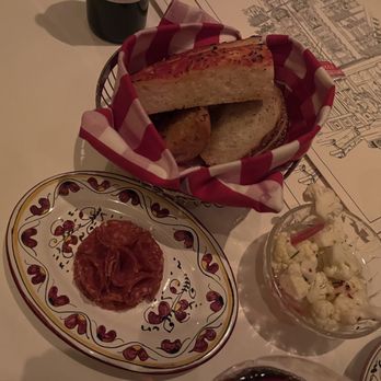 Carbone - Trio of bread, salami and pickled cauliflowers - Italian Near Me - Las Vegas, Nevada Carbone - Trio of bread, salami and pickled cauliflowers - Italian Near Me - Las Vegas, Nevada