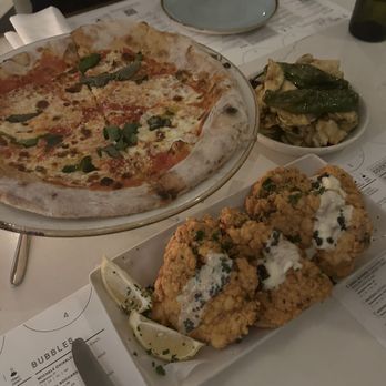 Sixty Vines - Margherita Pizza $14, Fried Chicken + Caviar $19, and Crispy Zucchini $10 - Wine Bars Near Me - Houston, Texas
