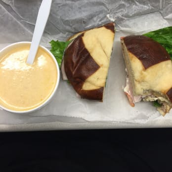 Vivola Express - My fave! Mesquite turkey with smoked Gouda on pretzel roll. And lobster bisque! - Delis Near Me - Saint Louis, Missouri Vivola Express - My fave! Mesquite turkey with smoked Gouda on pretzel roll. And lobster bisque! - Delis Near Me - Saint Louis, Missouri
