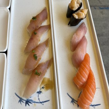 Show Sushi - 2 Pieces Albacore Sushi (2 orders) on the left, and (top to bottom) 2 Pieces Scallop Sushi, 2 Pieces Yellowtail Sushi, 2 Pieces Salmon Sushi - Sushi Bars Near Me - San Dimas, California