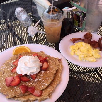 The Pancakery - Strawberry healthy pancakes with eggs and bacon add on - Breakfast & Brunch Near Me - Destin, Florida