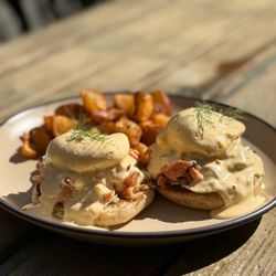 Besaw's - Cajun Salmon Benedict on the patio