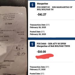 Margaritas - 2 transactions and my receipt.