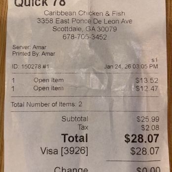 Caribbean Chicken & Fish - Receipt of food - Caribbean Near Me - Scottdale, Georgia