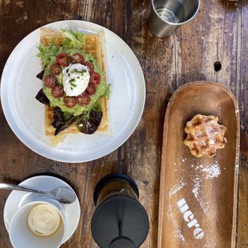 Nero Waffles - AVO smash and custard waffle with jasmin tea - Waffles Near Me - Vancouver, British Columbia