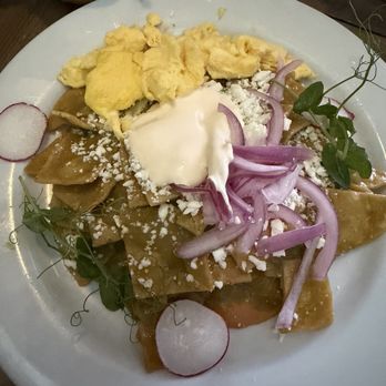 Jardin Autentica Cocina - Chilaquiles verdes (tomatillo sauce) with scrambled eggs - Breakfast & Brunch Near Me - Orange, California Jardin Autentica Cocina - Chilaquiles verdes (tomatillo sauce) with scrambled eggs - Breakfast & Brunch Near Me - Orange, California