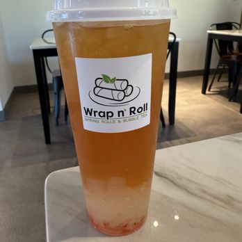 Wrap n’ Roll - Peach green tea with lychee jelly - Vietnamese Near Me - Clackamas, Oregon Wrap n’ Roll - Peach green tea with lychee jelly - Vietnamese Near Me - Clackamas, Oregon