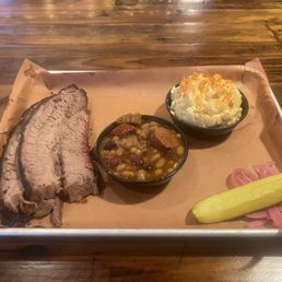 fatty brisket (sliced), beans, potato salad