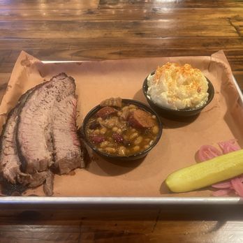 Old 76 Smokehouse - fatty brisket (sliced), beans, potato salad - Barbeque Near Me - Branson, Missouri