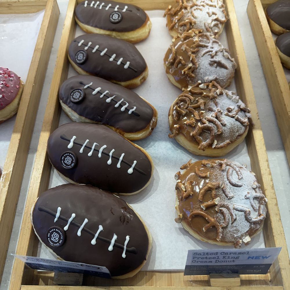 Football cream donut (seasonal) and salted caramel king cream donut (seasonal)