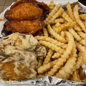 J Wings - Half hot/half Cajun ranch with regular fries - Chicken Wings Near Me - Birmingham, Alabama J Wings - Half hot/half Cajun ranch with regular fries - Chicken Wings Near Me - Birmingham, Alabama