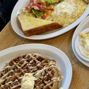 Johnny D's Waffles and Benedicts, Myrtle Beach - Street Corn Omelette and Pumpkin Pecan Waffle - Breakfast & Brunch Near Me - Myrtle Beach, South Carolina