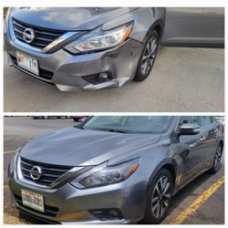 Brit's Auto Body & Custom Painting - Before and after photo of vehicle damage.