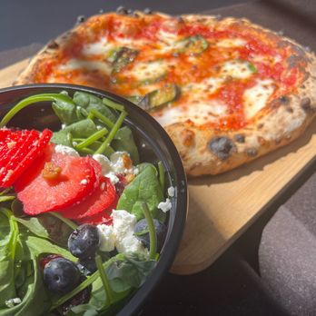Turn & Burn Pizza - Margherita Pizza with our Seasonal Spinach Salad - Pizza Near Me Turn & Burn Pizza - Margherita Pizza with our Seasonal Spinach Salad - Pizza Near Me