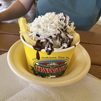 Dole Plantation - Cup of Dole Whip with pineapple chunks, coconut shavings and hot fudge. - Tours Near Me - Wahiawa, Hawaii Dole Plantation - Cup of Dole Whip with pineapple chunks, coconut shavings and hot fudge. - Tours Near Me - Wahiawa, Hawaii